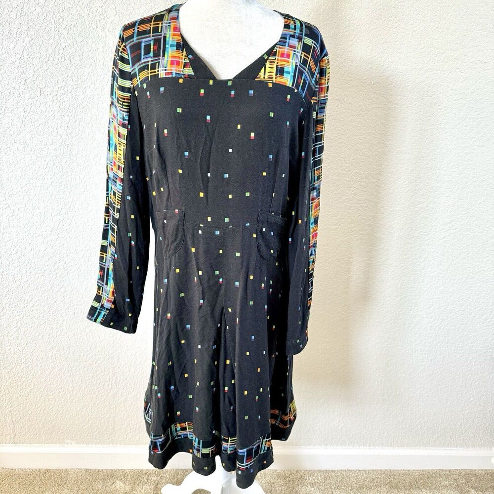 Aventures des Toiles Sz 44 Black Abstract Long Sleeve A-Line Dress Art To Wear